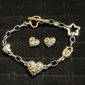 Coach Silver and Gold Heart Charm Bracelet with Matching Heart Earrings